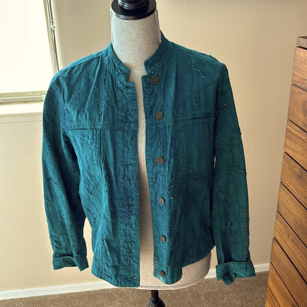 Chico’s teal lightweight cotton jacket. Embroidered with bead detail. Like new!